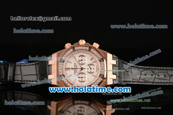 Audemars Piguet Royal Oak Chrono Miyota OS20 Quartz Rose Gold Case with Black Leather Bracelet White Dial and Diamond Bezel - 7750 Coating - Click Image to Close